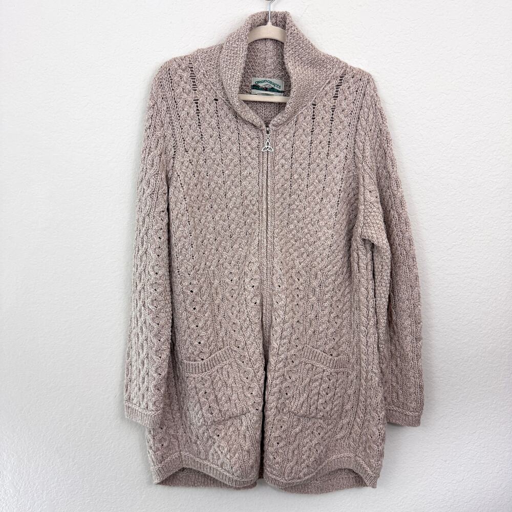 Aran Crafts Womens Merino Wool Cardigan Sweater Size L Ireland Celtic Irish Oat